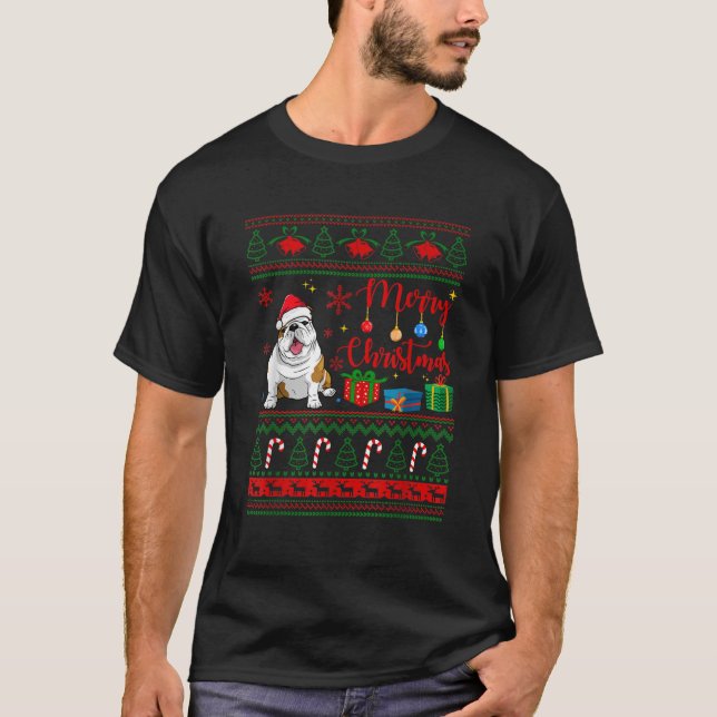 Feliz Natal Bulldog Inglês Suéter Feio Chapéu de P (Frente)