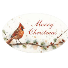 Feliz Natal Cardinal em Galho Adesivos Ovalados