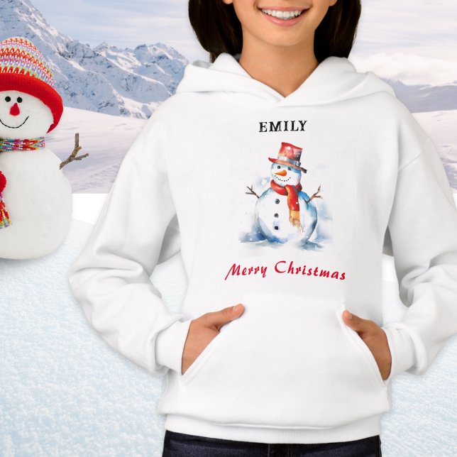 Feliz Natal Festivo Personalizado Snowman (A personalized hoodie with snowman illustration in watercolor style and 'Merry Christmas' greeting)