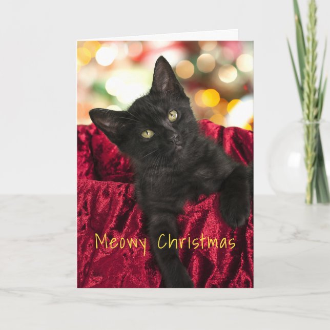 Feliz Natal Gatinho Preto Cartão de Boas Festas (Frente)