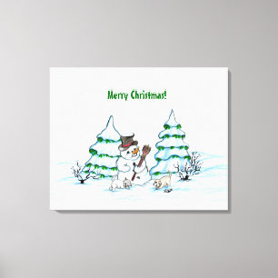Feliz Natal! Homem de neve com Canvas de gato e pa