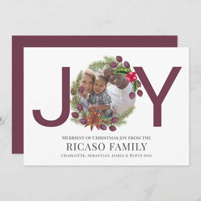 Feliz Natal Joy Plum Wreath Cartão com fotos (Frente/Verso)