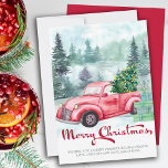 Feliz Natal Misty Forest e Vintage Red Truck<br><div class="desc">Feliz cartão de Natal com caligrafia festiva. Design tradicional atrativo com floresta nebulosa de aquarelas,  caminhão vermelho vintage,  árvore de natal com luzes de cordas e uma pilha de presentes.O modelo está pronto para você adicionar sua saudação personalizada.</div>