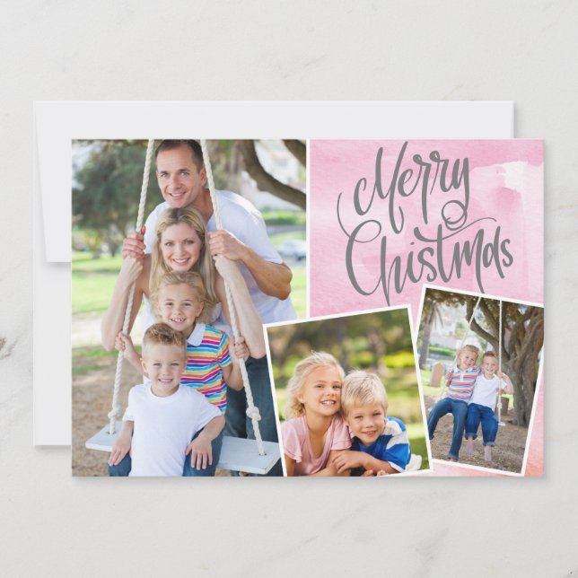 Feliz Natal Moderno Cor de Água Rosa Três Foto (Frente)