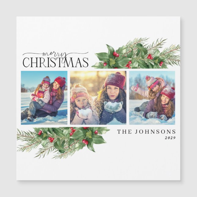 Feliz Natal Moderno Holly Berry Fotografia Magnet (Frente)