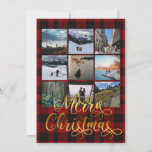 Feliz Natal - Nine Photo Collage Greeting Card<br><div class="desc">Este Cartões de foto de Natal de feriado apresenta fundo de xadrez vermelha com "Feliz Natal" em tipografia de guiões de ouro girando. Você pode adicionar nove fotos com seu nome,  mensagem,  título e ano.</div>