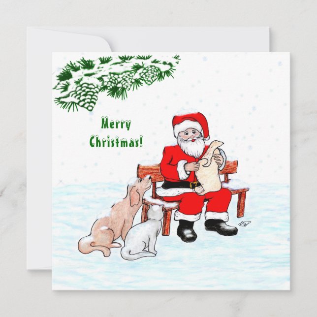 Feliz Natal! Papai Noel com Gato e Cão (Frente)
