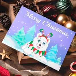 Feliz Natal Samoyed Com Toca de Elfo Cartão