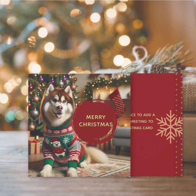 Feliz Natal Siberian Husky - Cartão de Saudação (The front and back of the Siberian Husky Christmas Holiday greeting card)