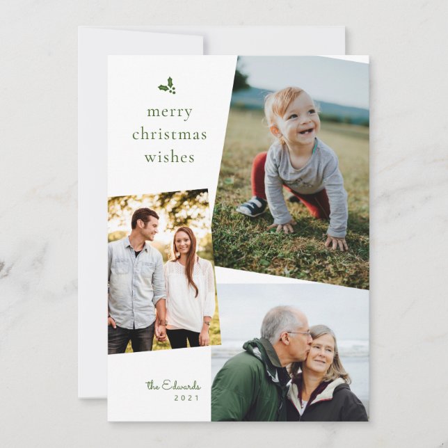 Feliz Natal Verde Deseja Três Cartões com fotos (Frente)