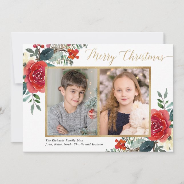 Feliz Natal, vermelho, aquarela floral, foto 2 (Frente)