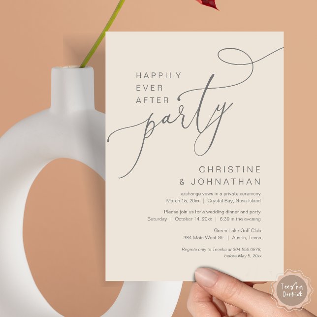 Feliz Nunca Depois Do Convite Do Partido Do Elopem (Happily Ever After Party, Wedding Elopement Brunch, Dinner or Lunch Invitation Card in Grey Cream)