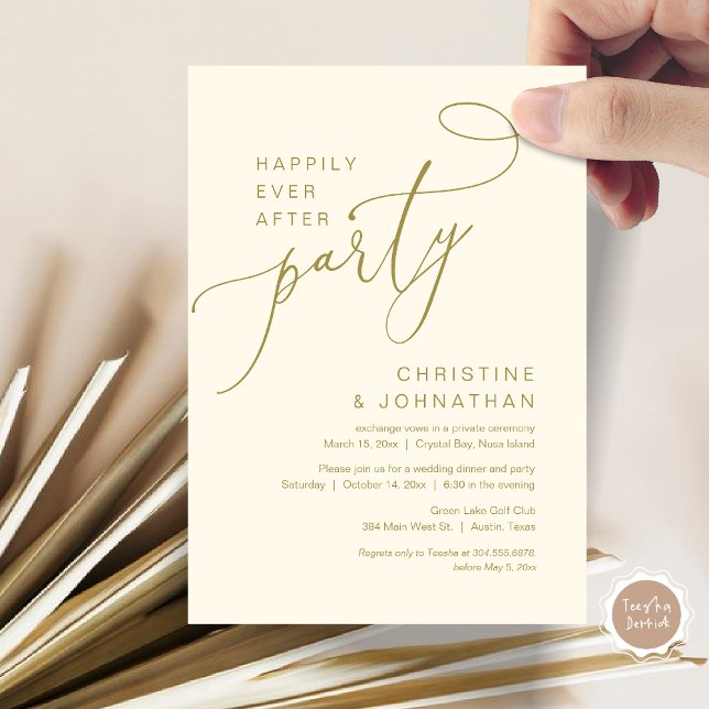 Feliz Nunca Depois Do Convite Do Partido Do Elopem (Happily Ever After Party, Wedding Elopement Brunch, Dinner or Lunch Invitation Card in Classy Gold)