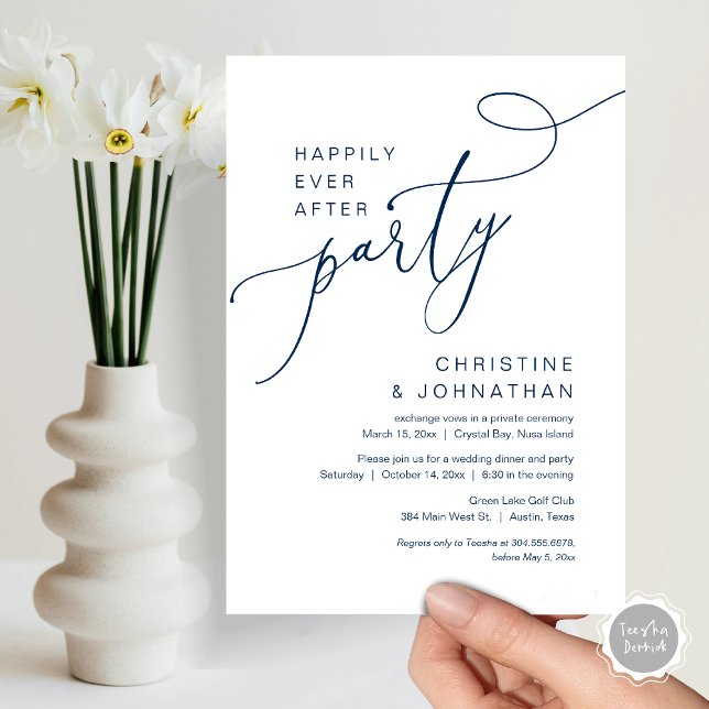 Feliz Nunca Depois Do Convite Do Partido Do Elopem (Happily Ever After Party, Wedding Elopement Brunch, Dinner or Lunch Invitation Card in Navy Blue)