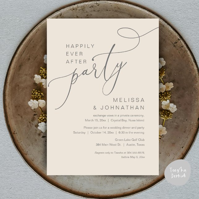Feliz Nunca Depois Do Convite Do Partido Do Elopem (Happily Ever After Wedding Elopement Dinner Party Invitation Card, PDF, Classy Cream and Grey)
