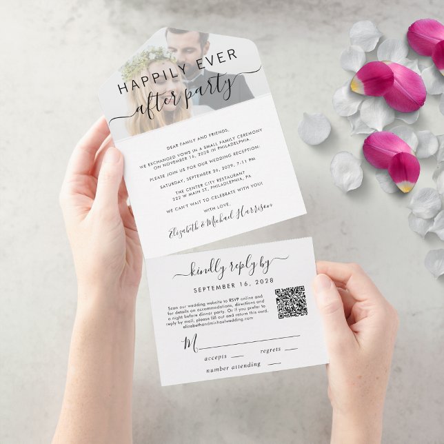 Feliz para Sempre Código QR Foto Recepção de Casam (An chic Happily Ever After Party all-in-one invitation for your wedding celebration)