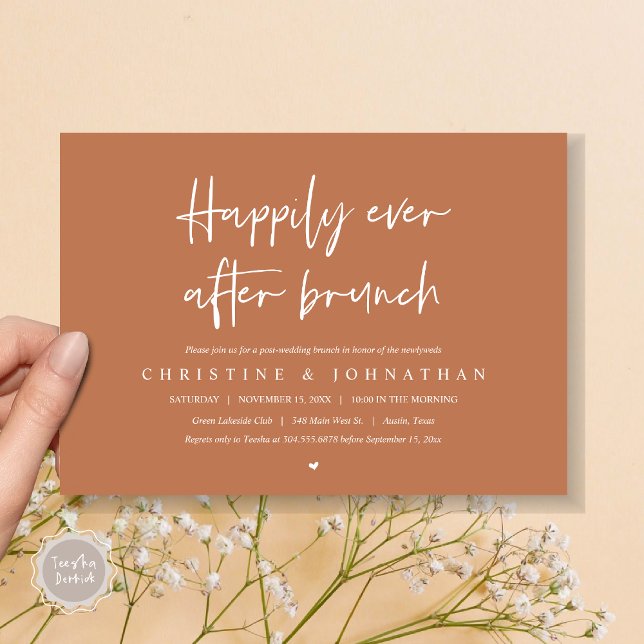 Feliz para sempre, depois do brunch, poste convite (Happily ever after brunch party, post wedding invitation card, pdf, in timeless copper rust brown)