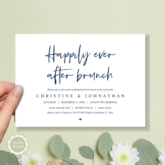 Feliz para sempre, depois do brunch, poste convite (Happily ever after brunch party, post wedding invitation card, pdf, in Navy Blue)