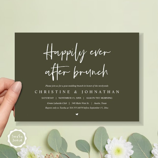 Feliz para sempre, depois do brunch, poste convite (Happily ever after brunch party, post wedding invitation card, pdf, in timeless olive green)