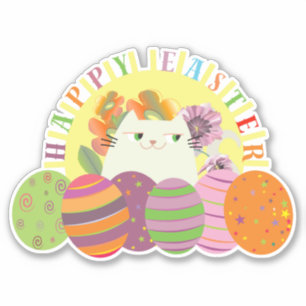 Feliz Páscoa Adesivo de Gato Ovos Florais Fofos