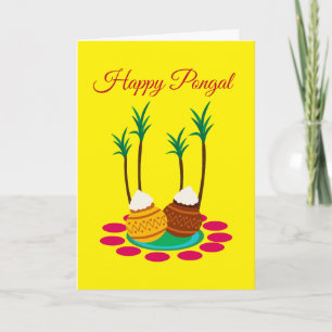 Feliz Pongal, com um Pote de Arroz e Cartão de Pla