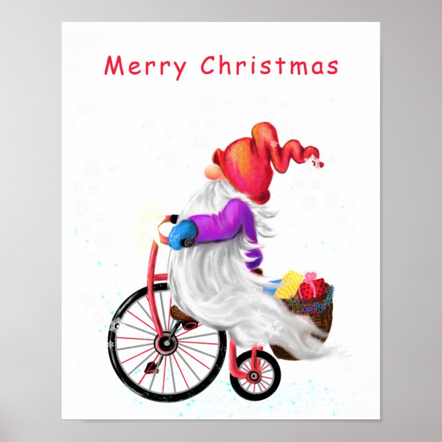 Feliz Poster de Natal Gnomo com bicicleta e presen (Frente)