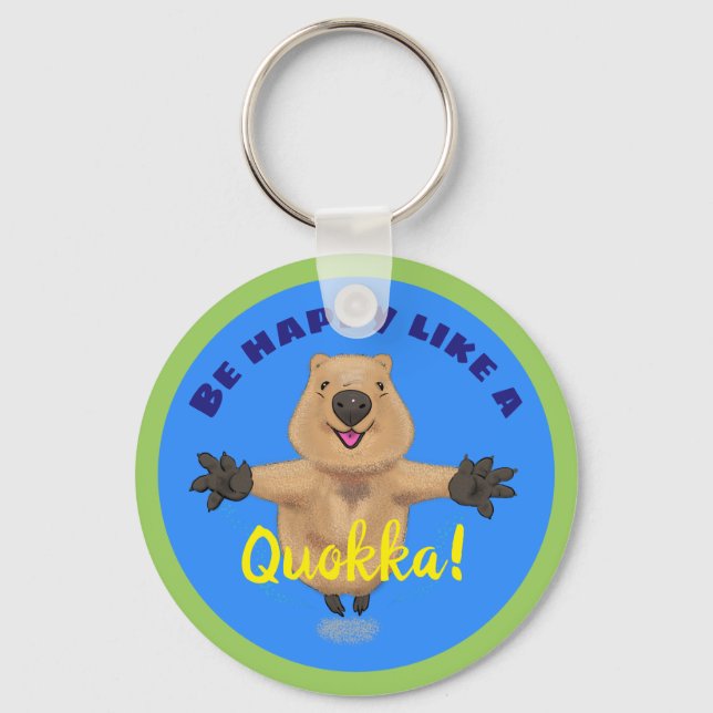 Feliz salto de chaveiro azul de cartoon quokka (Frente)