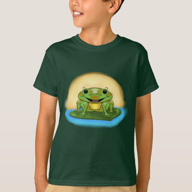 Feliz Sapo flutuando em uma camiseta Lily Pad. (Frente)