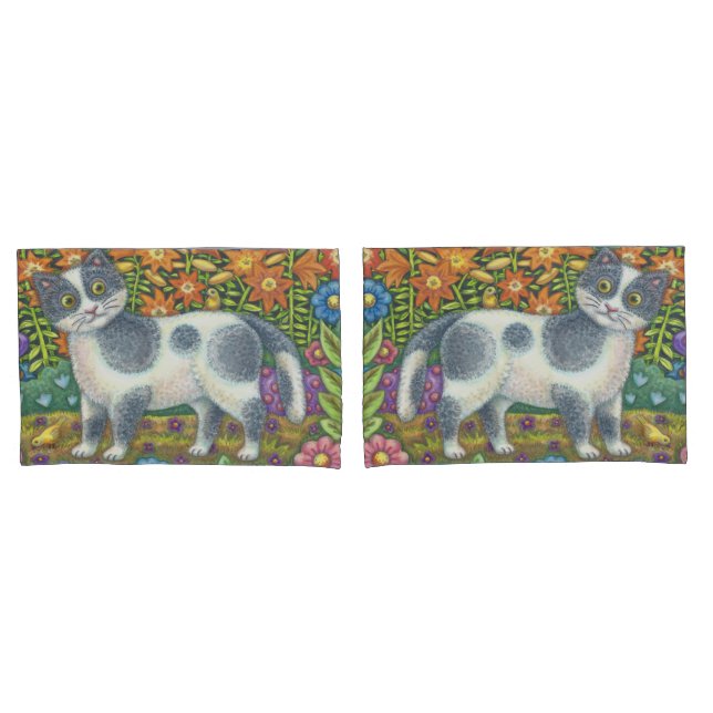 Felpudo Wuzzy Kitten FOLK ART CAT PILLOWCASES (Frente - conjunto)