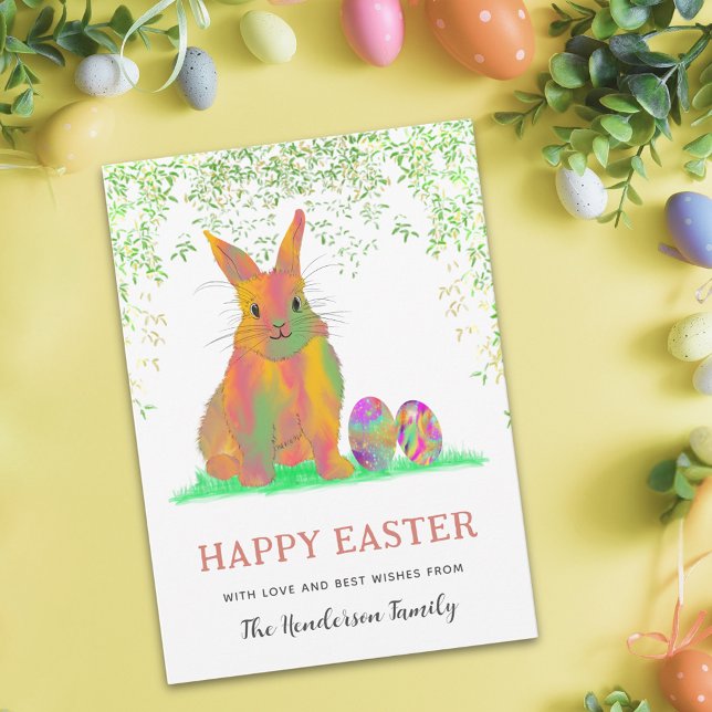 Felz pascoa de Coelhinho e Ovos (Personalized happy easter cute bunny colorful watercolor easter eggs holiday greetings card)