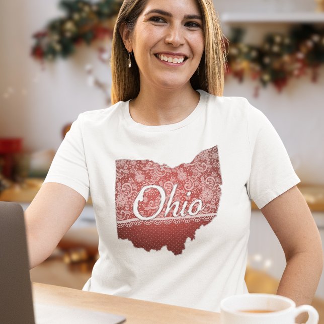Feminine Ohio Faux Lace e Stitts (Feminine red faux lace Ohio state outline t-shirt is perfect for the holiday or any time of year.)