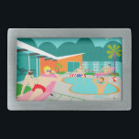Fenda da correia da Piscina retrô<br><div class="desc">Este design de Belt Buckle do Partido da Piscina RetroGay apresenta quatro beefcakes aterrorizados tendo gay enquanto batem no calor das Primaveras de Palma, descendo ao redor da água azul turquesa de sua piscina de natação em forma de bumerangue atômico. A arquitetura moderna do meio século, na fabulosa casa de...</div>