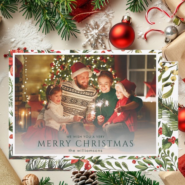 Feriado de Natal Floral com Aquarela Fotográfica M (Modern Photo Watercolor Floral Christmas Holiday Cards)