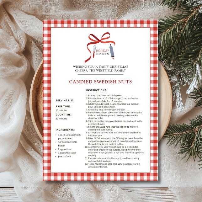 Feriado Recebe Cartão de Natal de Loucos Suecos (Candied Swedish Nuts Red Check Buffalo Plaid Holiday Recipe Christmas Card 5x7)