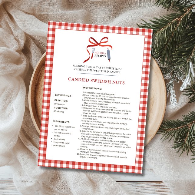 Feriado Recebe Cartão de Natal de Loucos Suecos (Candied Swedish Nuts Red Check Buffalo Plaid Holiday Recipe Christmas Card)