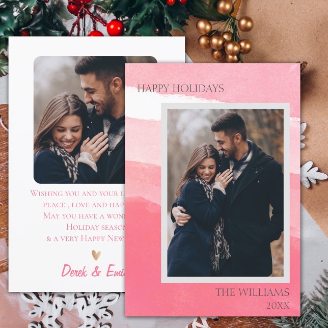 Feriados felizes com Abstrato de Foto Branca Elega (Elegant Pink White Abstract Photo Happy Holidays Card)