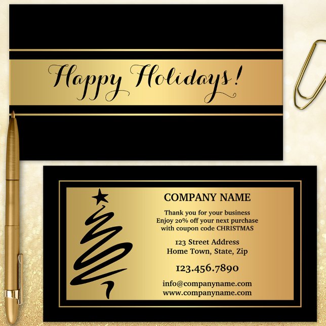 Férias Douradas e Negras Obrigado Cartão de visita (Christmas Holidays business card with a simple gold and black design with modern tree outline)