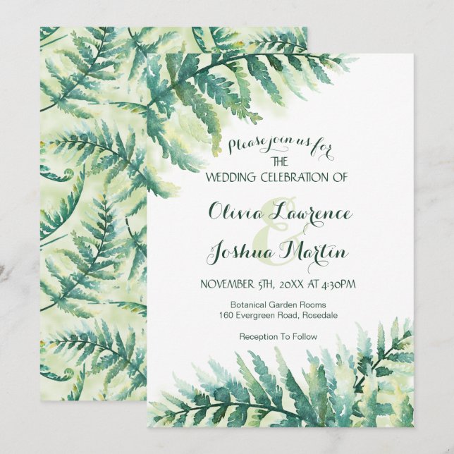Fern Greenery Watercolor Convite para Casamento (Frente/Verso)