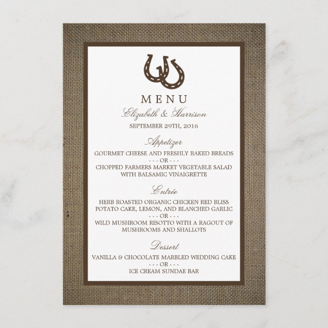 Ferradura da Rússia no Burlap Wedding Menu (Frente)