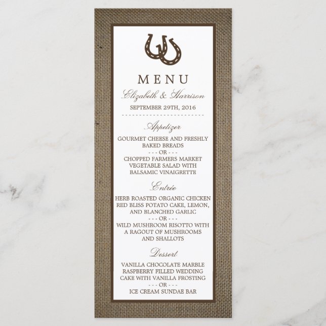 Ferradura da Rússia no Burlap Wedding Menu (Frente)