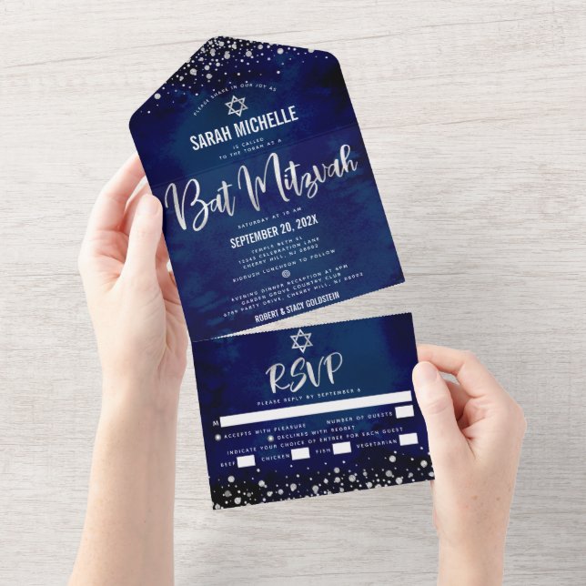Festa Bat Mitzvah Marinha Prata Glitter Script Neg (Tearaway)