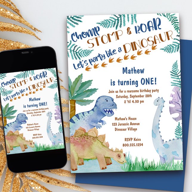 Festa como um convite para o aniversário de um Din (Party like a dinosaur kids birthday invitation)