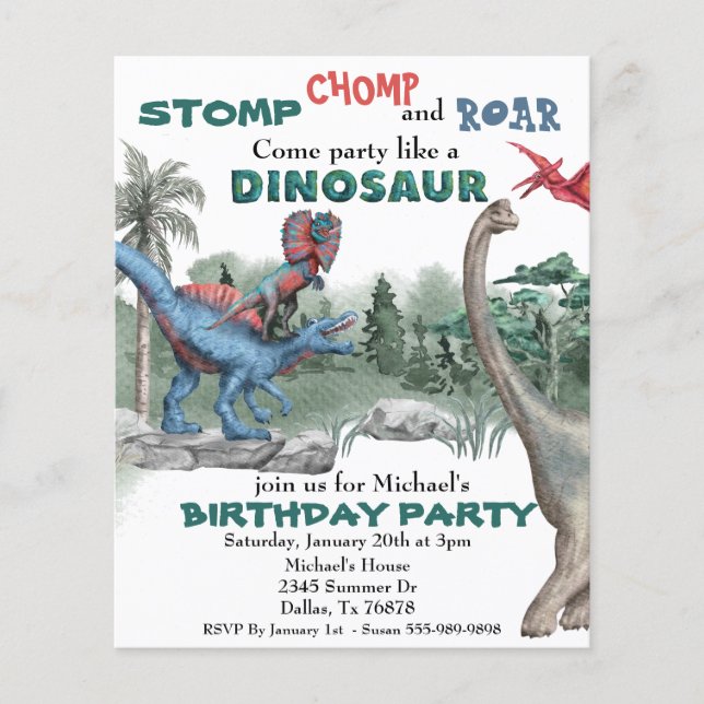Festa como um Dinossauro Aniversário, Aquarela (Frente)