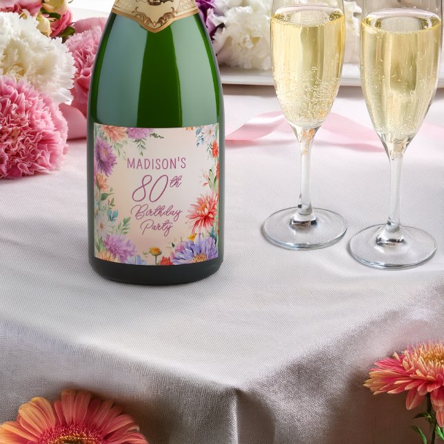 Festa de 80 Anos Boho Aster Flores Florais (Boho Aster Flowers Floral 80th Birthday Party Sparkling Wine Label)
