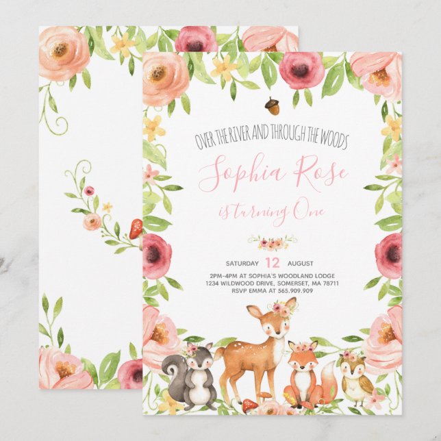 Festa de Animais Florestais de Convite de Aniversá (Frente/Verso)