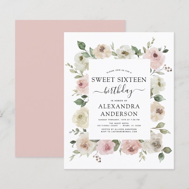 Festa de aniversário 16 de cor rosa suave e poeire (Frente/Verso)