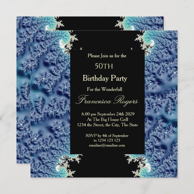 Festa de aniversário 50º Convite Azul Preto para a (Frente/Verso)