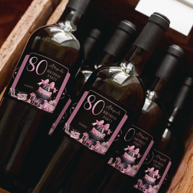 Festa de aniversário de 80 de Moda Preta com Grelh (Glam Pink and Black French Couture Fashion 80th Birthday Party Bottle Labels)