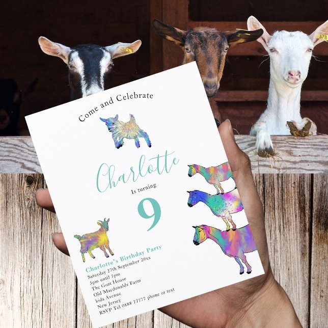 Festa de Aniversário de 9 Anos Fazenda de Cabras (Goats farm animals 9th birthday party budget invitation watercolor animal art )