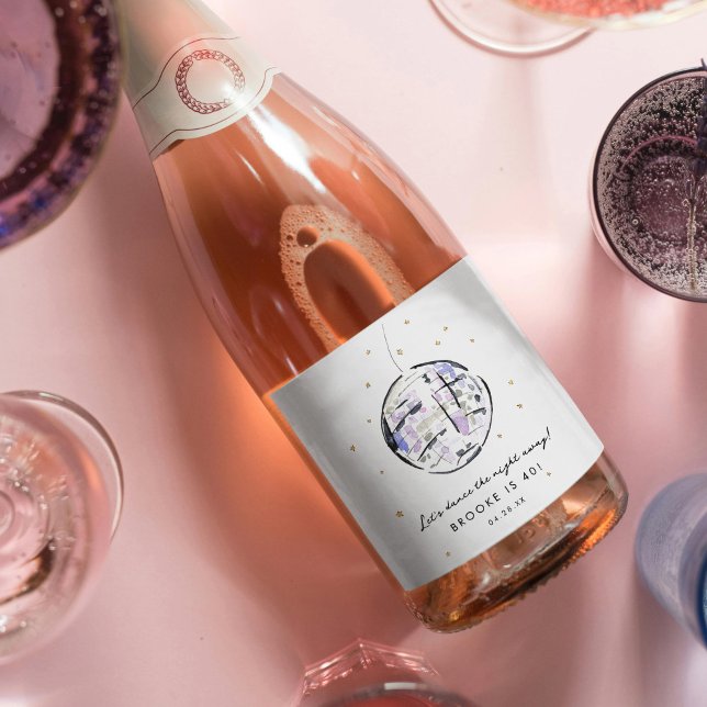 Festa de aniversário de Aquarela de Disco Estudada (Fabulous watercolor painted disco ball personalized sparkling wine drink label.)
